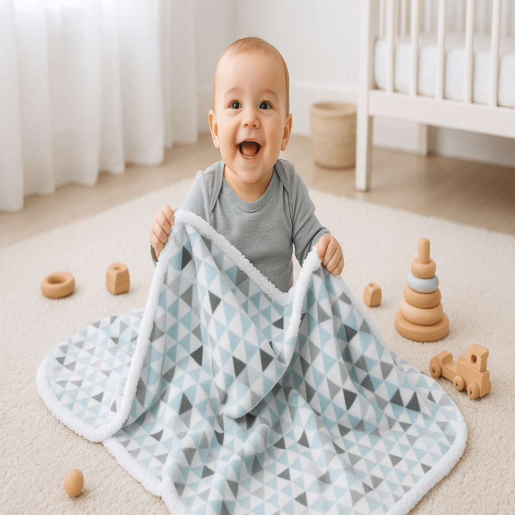 Couverture bébé bleue gris et blanche douce