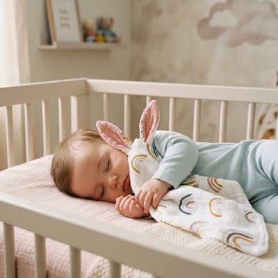 Doudou arc en ciel avec bébé endormi 