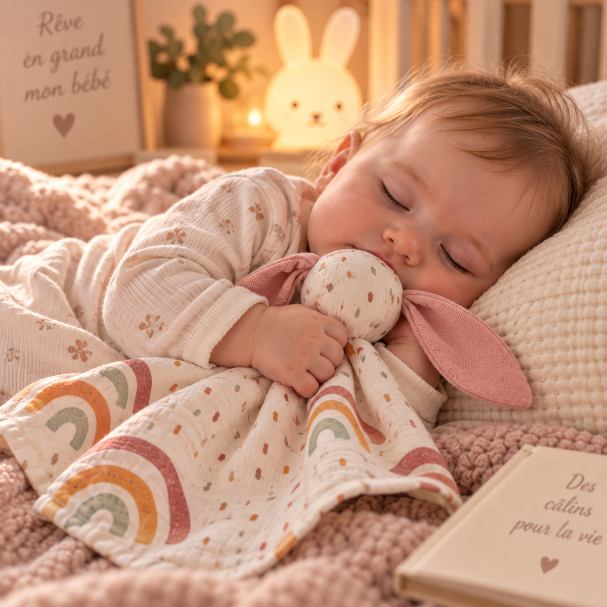 DOUDOU BEBE LAPIN ARC-EN-CIEL SUR COUVERTURE DOUCE