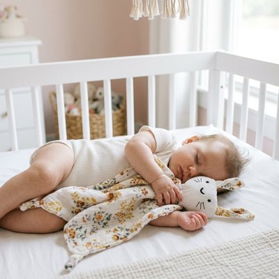 DOUDOU BEBE LAPIN MOTIF FLEURS AVEC BEBE COLLER 
