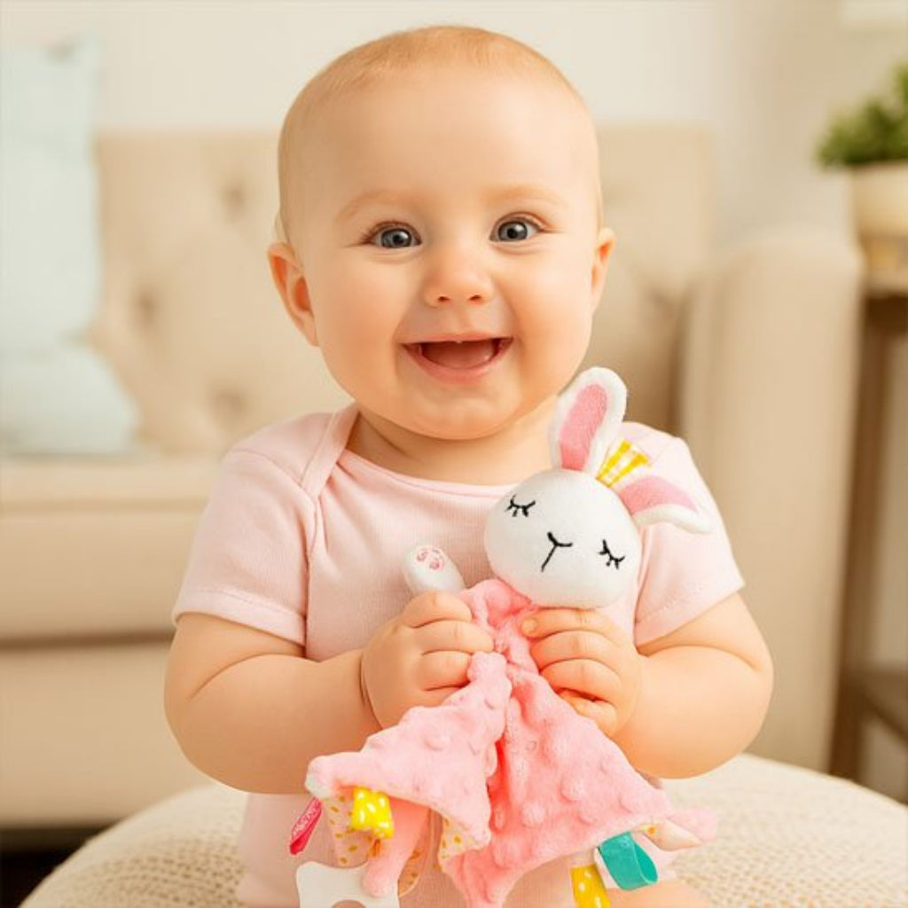 DOUDOU BEBE LAPINE ROSE FAIT SOURIRE BEBE 