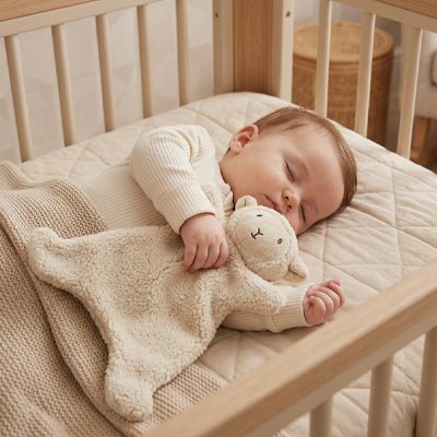 DOUDOU BEBE MOUTON DANS LIT AVEC BEBE ENDORMI