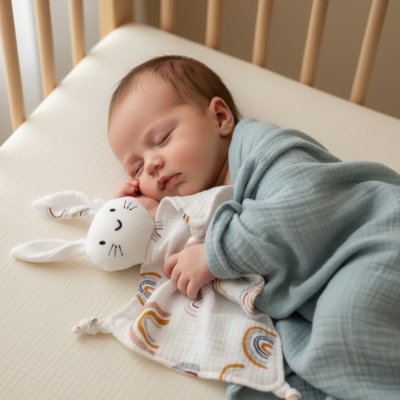 Doudou lapin arc en ciel magique endort bébé