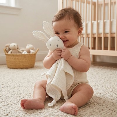 Doudou lapin blanc coller contre bébé content 
