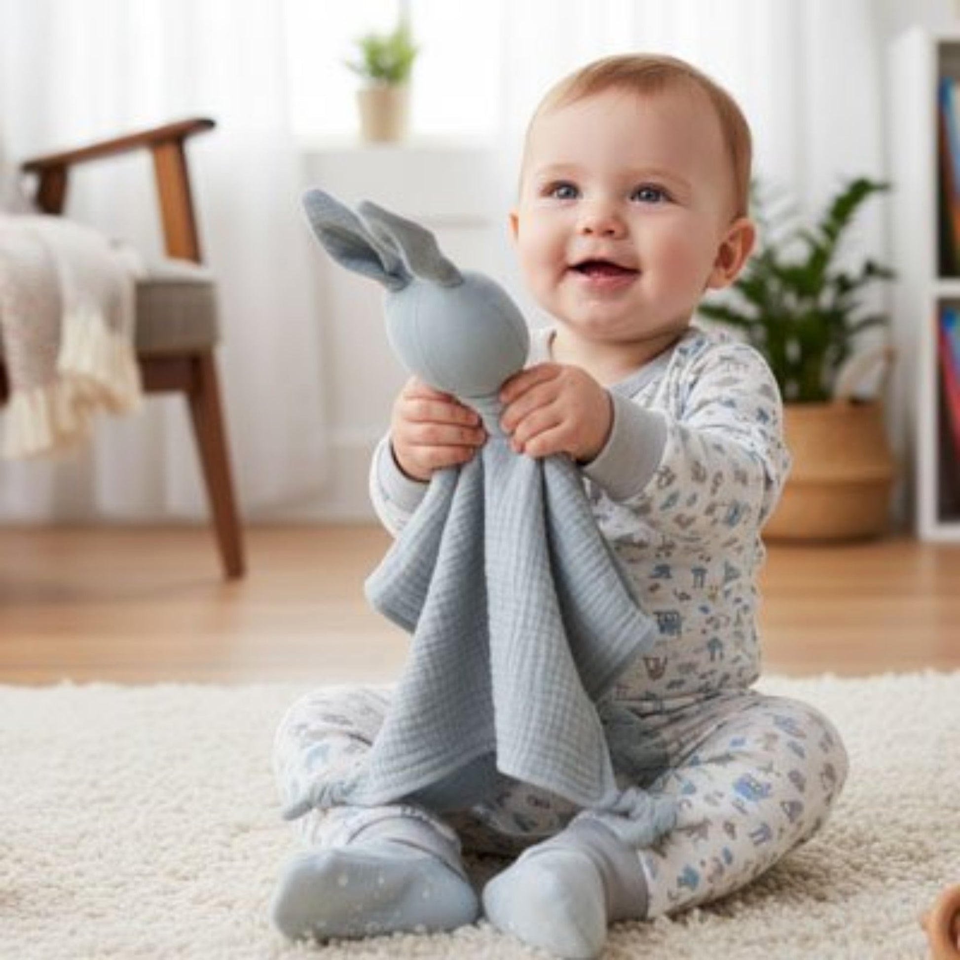 Doudou lapin bleu dans mains bébé heureux