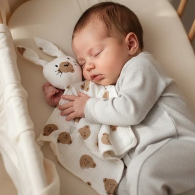 Doudou lapin motif tête ourson avec bébé mignon 