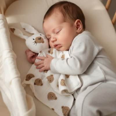 Doudou lapin motif ourson avec bébé