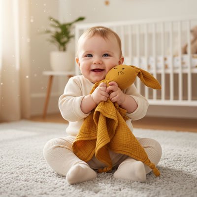 Doudou lapin orange avec bébé souriant