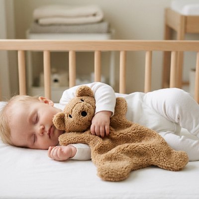 Doudou ourson blotti dans bras bébé