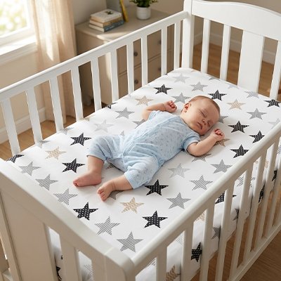 DRAP HOUSSE LIT BEBE ETOILE GRIS AVEC BEBE 