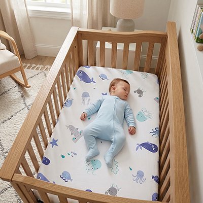 DRAP HOUSSE LIT BEBE MOTIFS BALEINE BLEUE