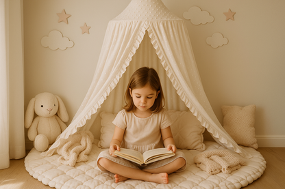 Enfant de 5 ans lisant sous ciel de lit blanc 