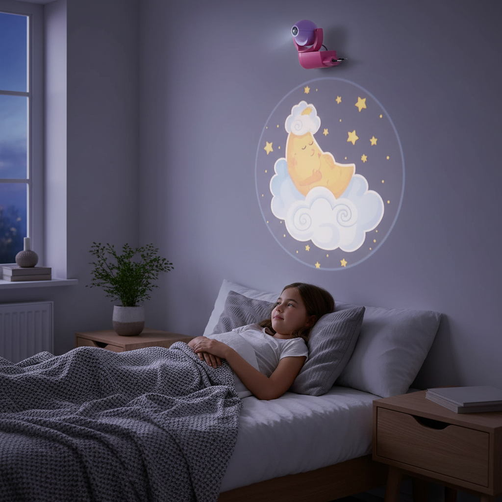 Enfant admirant  projection veilleuse rose