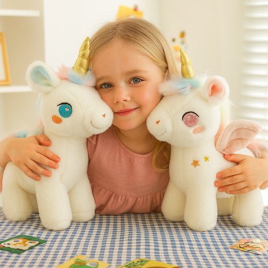 Enfant avec deux peluche bébé licorne blanche 