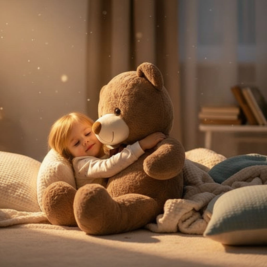 Enfant avec gros ours en peluche Love - Nuit douillette