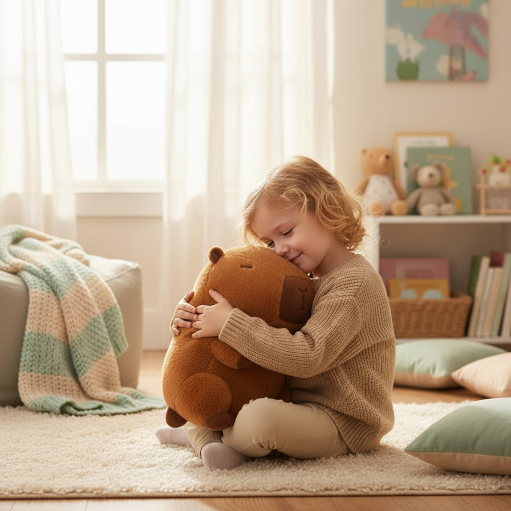 Enfant avec peluche capybara taille moyenne