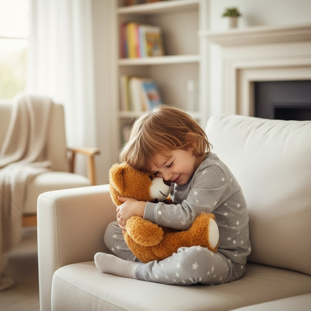 Enfant câlinant tendrement l'ours en peluche marron