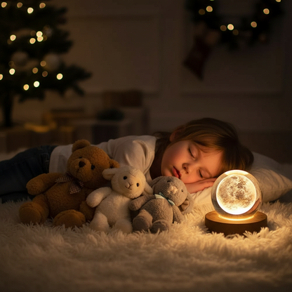 Enfant couché nuit avec lampe lune douce