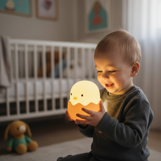 Enfant émerveillé avec veilleuse poussin