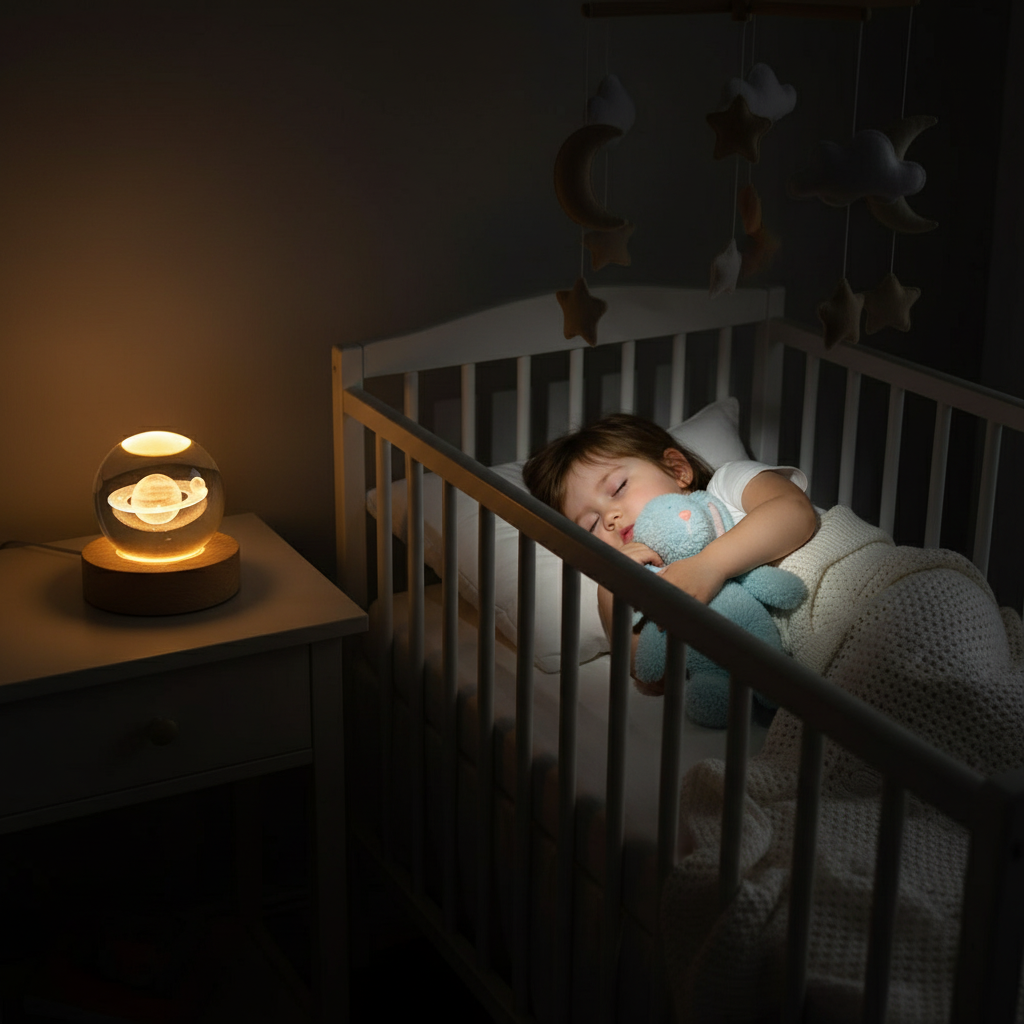 Enfant endormi avec lampe boule Saturne