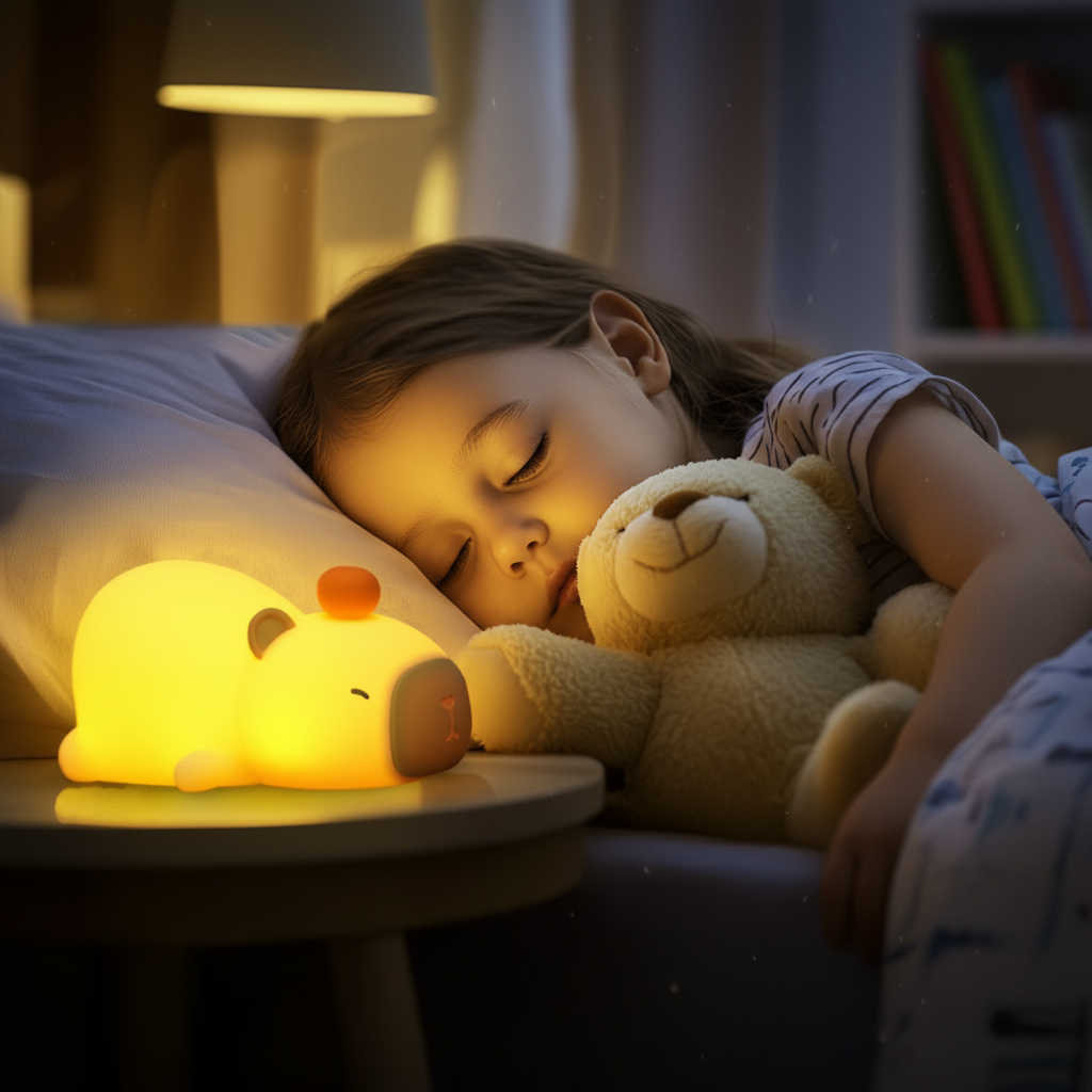 Enfant endormi avec veilleuse capybara et doudou