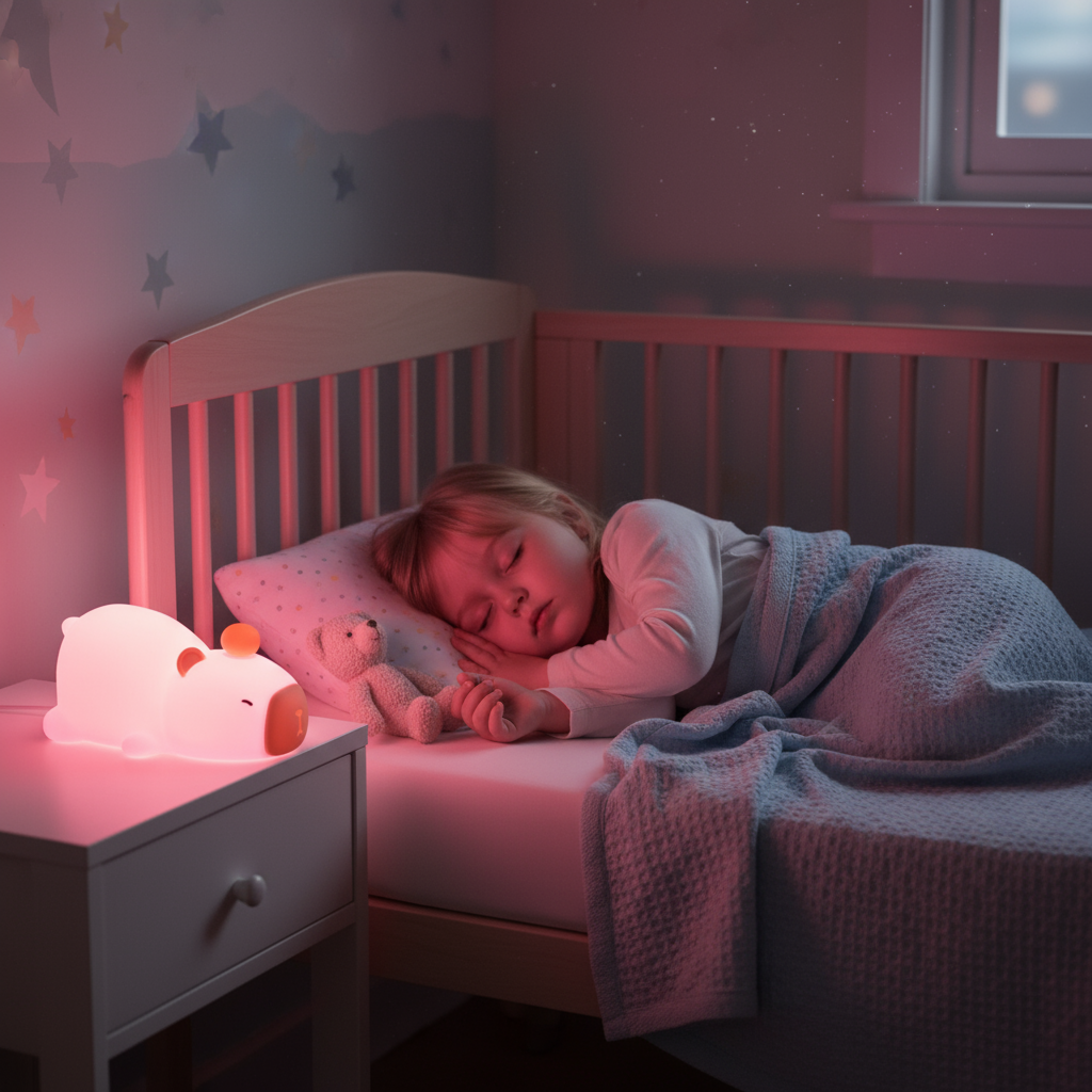 Enfant endormi avec veilleuse capybara illuminant en rose