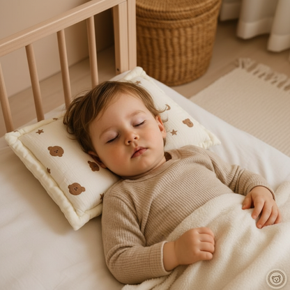 Enfant endormi sur oreiller oursons