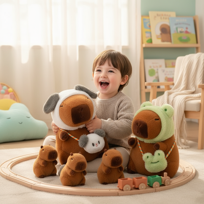 Enfant jouant avec collection de peluches capybara