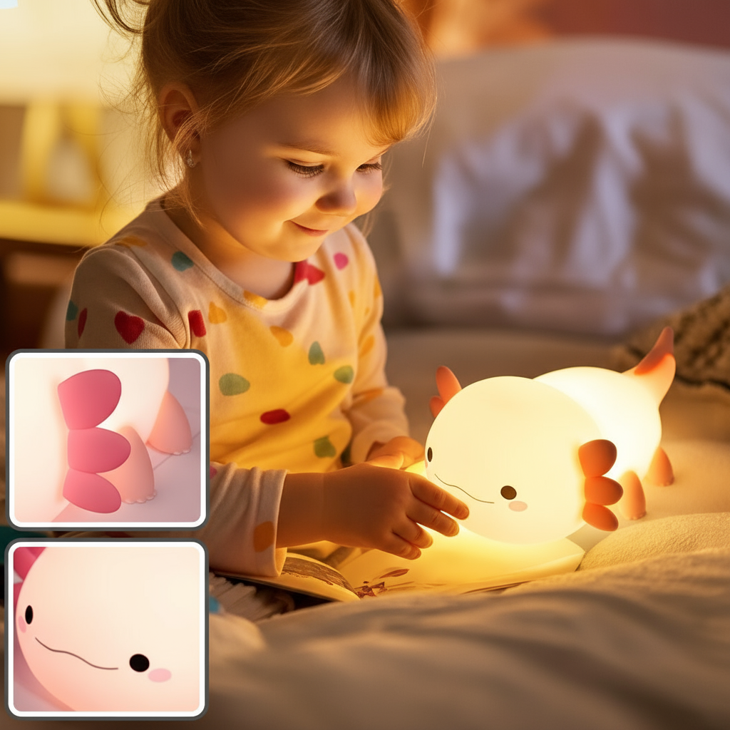 Enfant jouant avec la veilleuse axolotl 