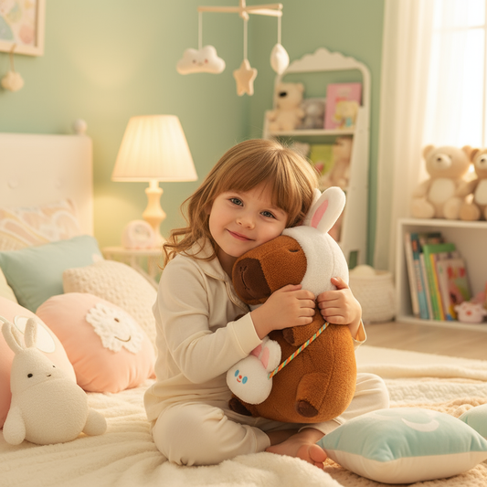 Enfant joyeux avec peluche capybara bonnet lapin