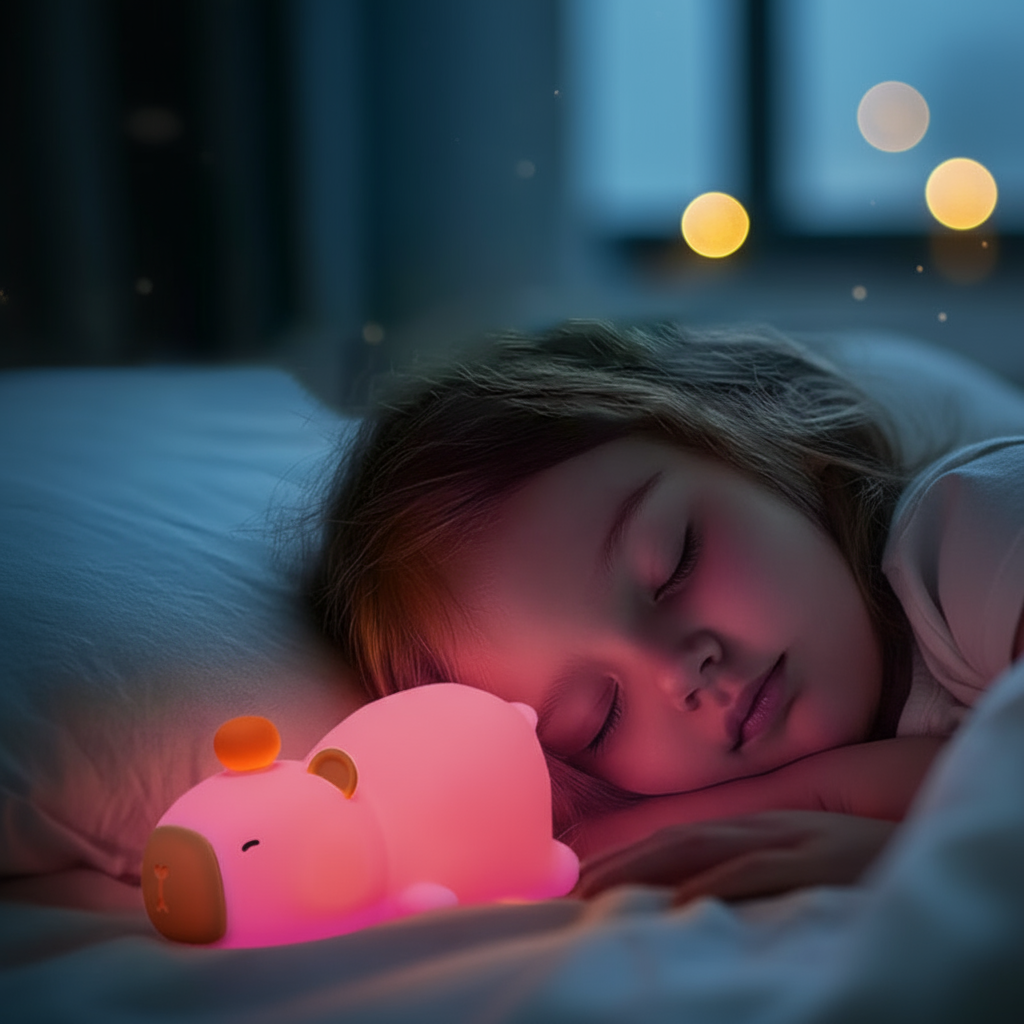 Enfant paisible avec veilleuse capybara rose