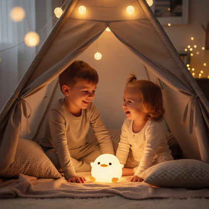 Enfants dans une tente avec veilleuse poussin