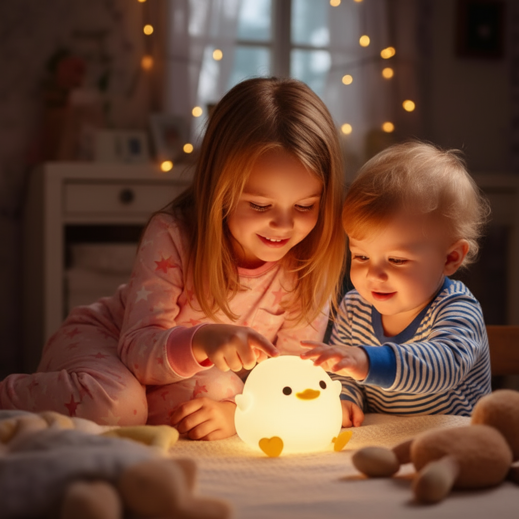 Enfants émerveillés par la veilleuse bébé poussin