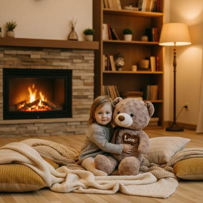 Fillette avec gros ours en peluche Love - Décor chaleureux