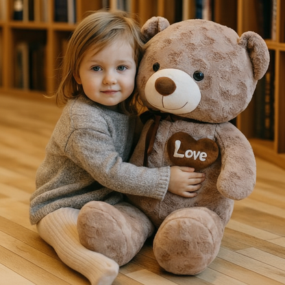 Fillette avec gros ours en peluche Love