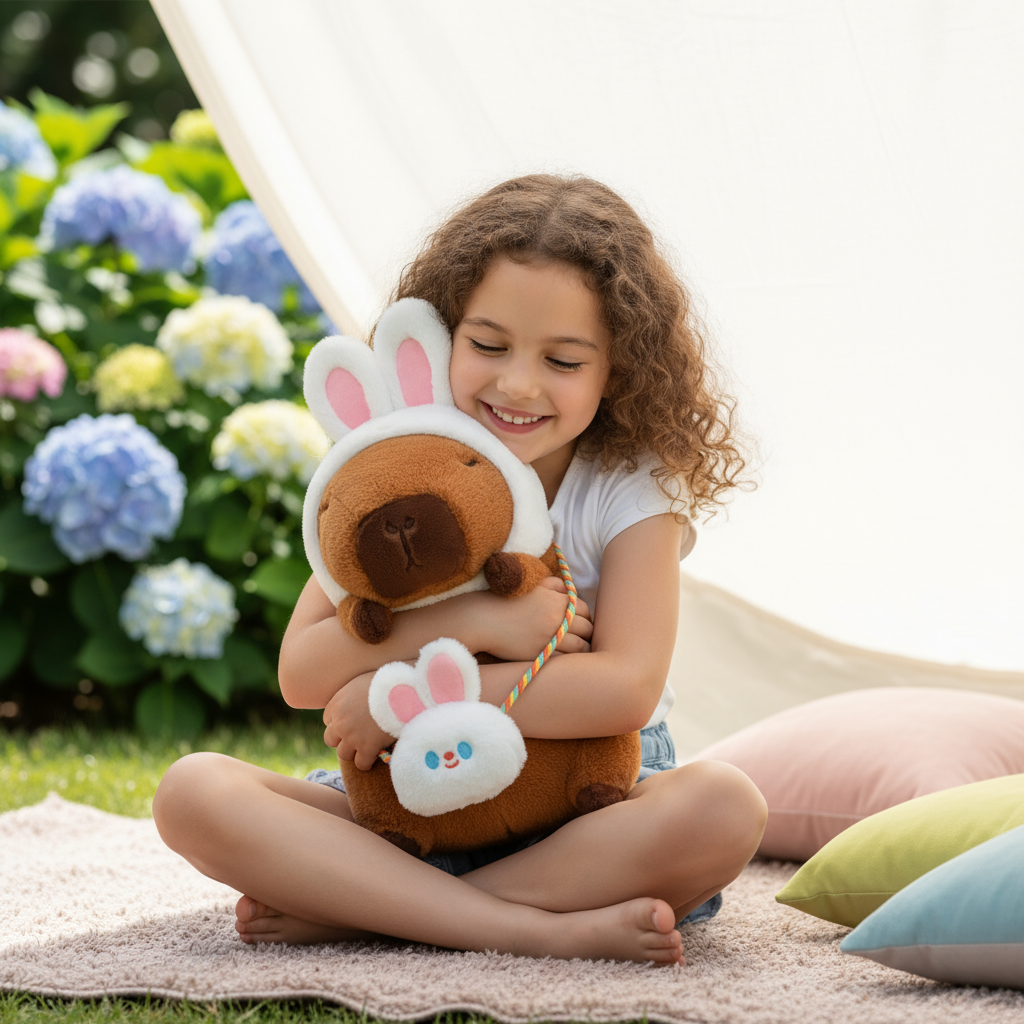 Fillette de 8 ans avec peluche capybara bonnet lapin