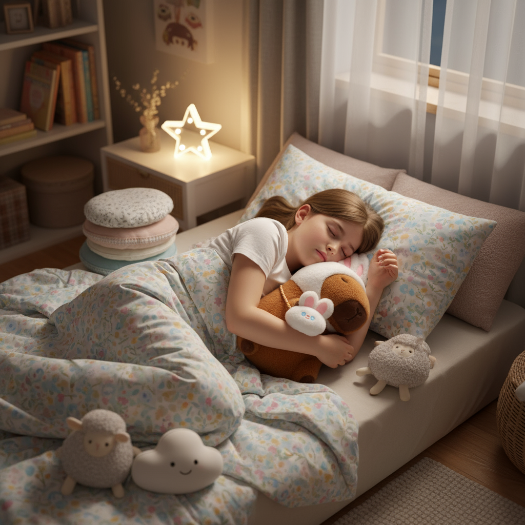 Fillette dormant paisiblement avec peluche capybara 
