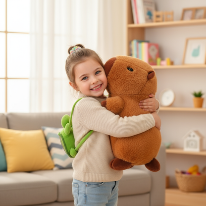 Fillette souriante avec peluche capybara 