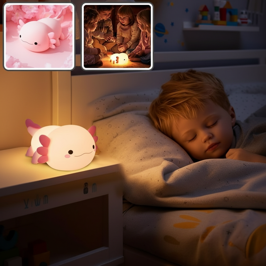 Garçon dormant avec veilleuse axolotl - décor chaleureux 