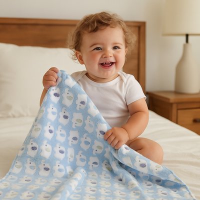 Garçon heureux avec couverture bebe bleu 