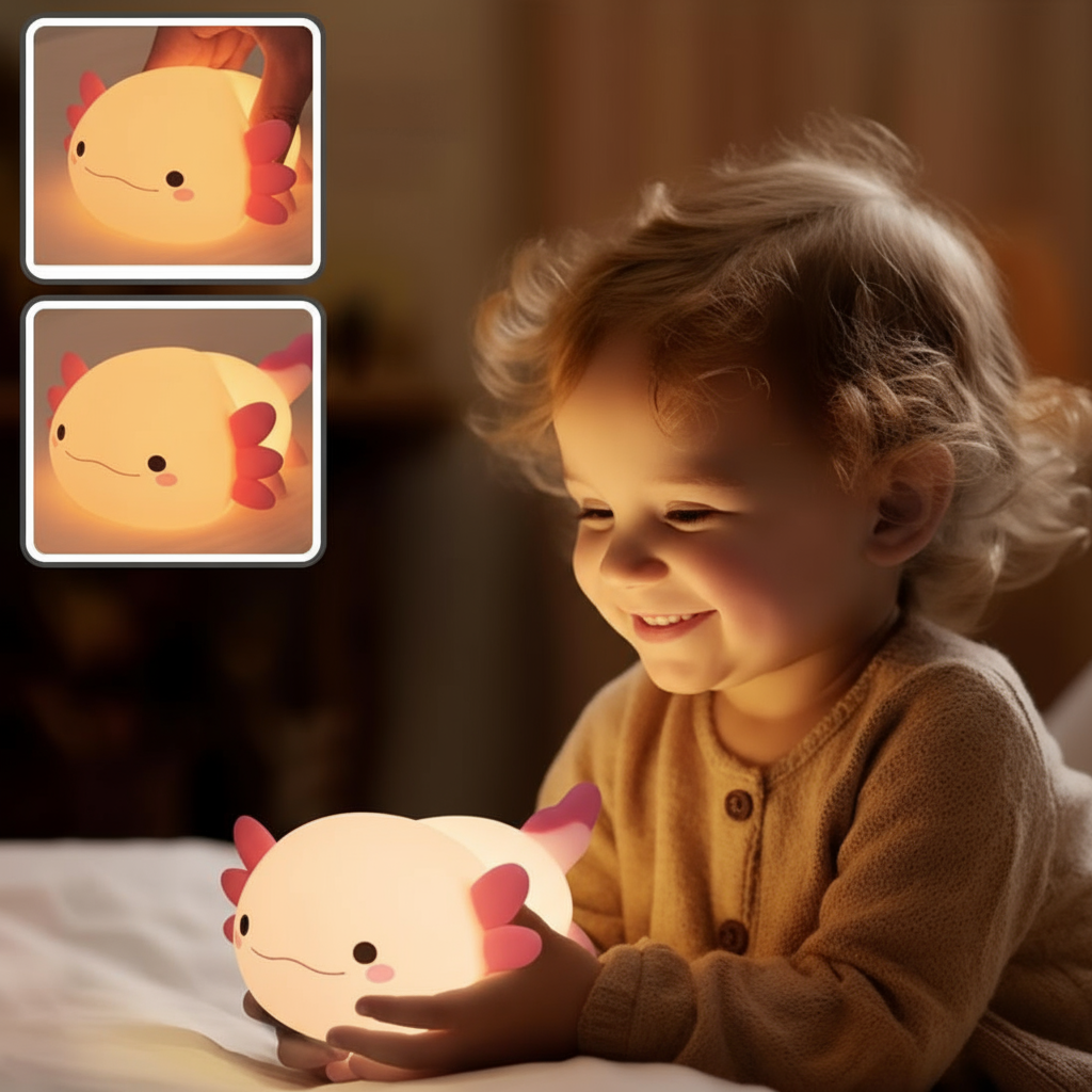 Garçon heureux avec sa veilleuse axolotl chaleureuse