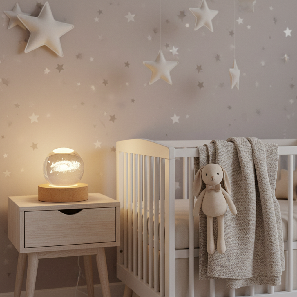 Lampe boule galaxie dans un décor de chambre bébé