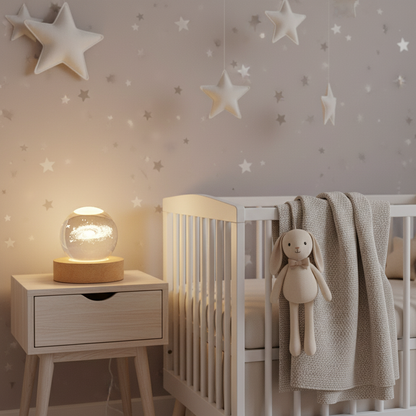 Lampe boule galaxie dans un décor de chambre bébé