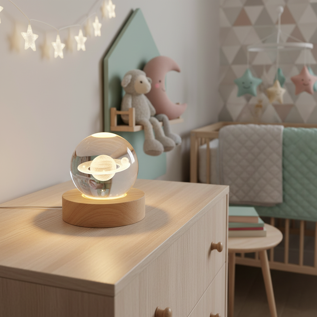 Lampe boule Saturne dans décor chambre bébé