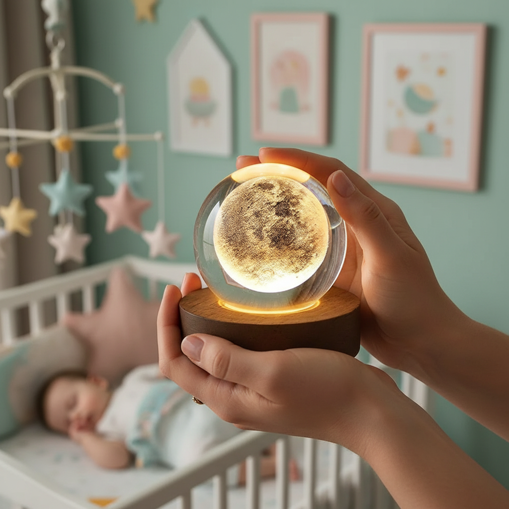 Lampe lune dans mains maman