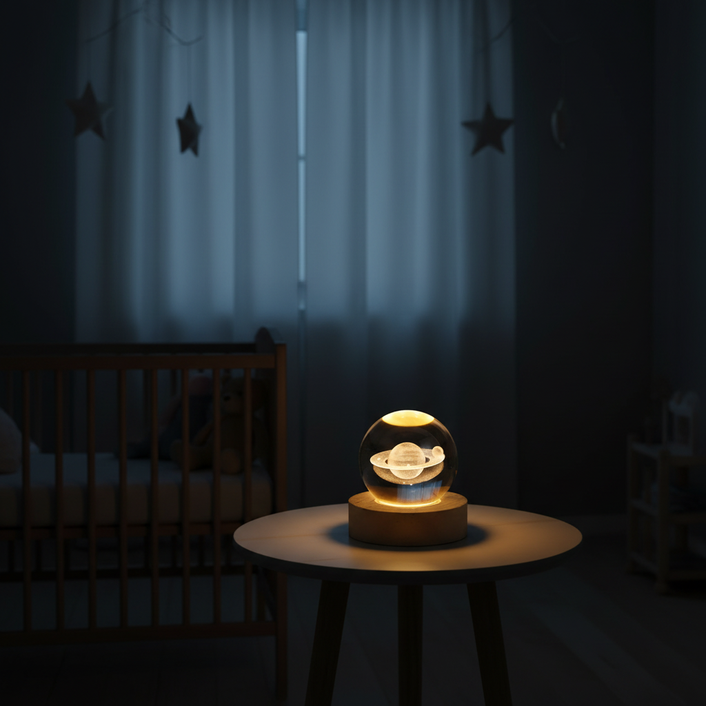 Lampe boule Saturne dans chambre bébé la nuit