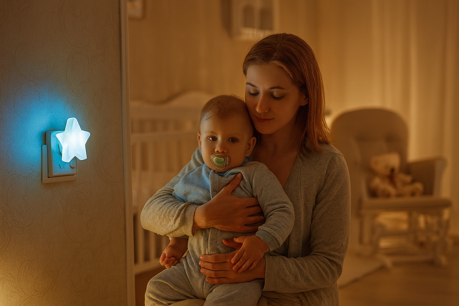 Maman avec bébé garçon et veilleuse bleue