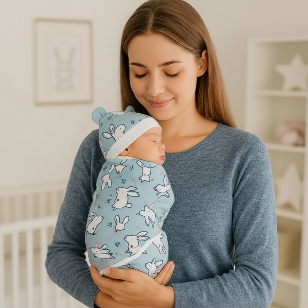 Maman avec bébé emmailloté bleu lapins blancs