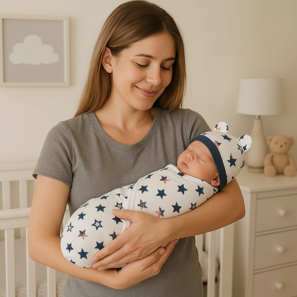Maman avec bébé emmailloté motif étoiles