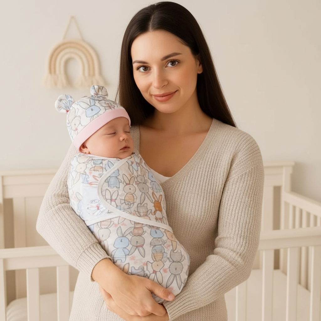 Maman avec bébé emmailloté motif lapins